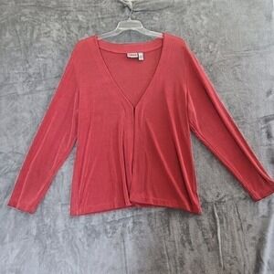 Chicos Travelers Cardigan Sz 3 /XL Slinky Long Sleeves Vneck Coral Office Cruise
